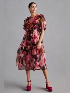 By Anthropologie Puff-Sleeve Organza Midi Dress